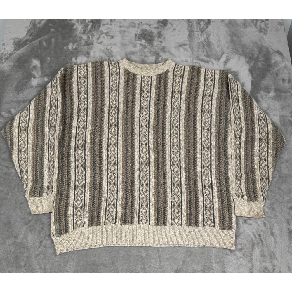 Vintage 80s Victoria Dry Goods Sweater XL 3D Knit Coogi Style Striped Beige USA